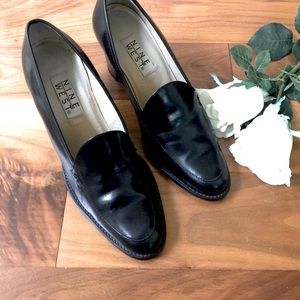 Nine West Black shiny soft leather loafers shoes comfy thick block heels US 9.5